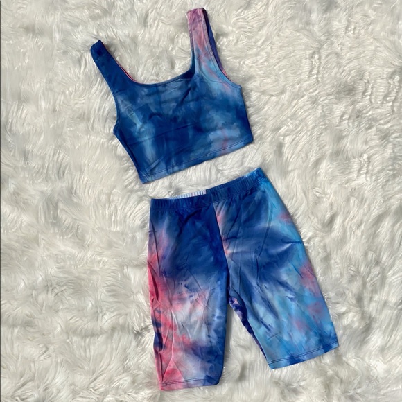 Fashion Nova Tops - Blue/Pink Two Piece Biker Short Set